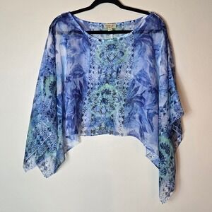 One World XL Blue Green Medallion Beaded Mesh Poncho Handkerchief Hem Top